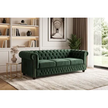 Invicta Sofa CHESTERFIELD 3 osobowa zielony aksamit 205 x 72 x 85cm / 40483