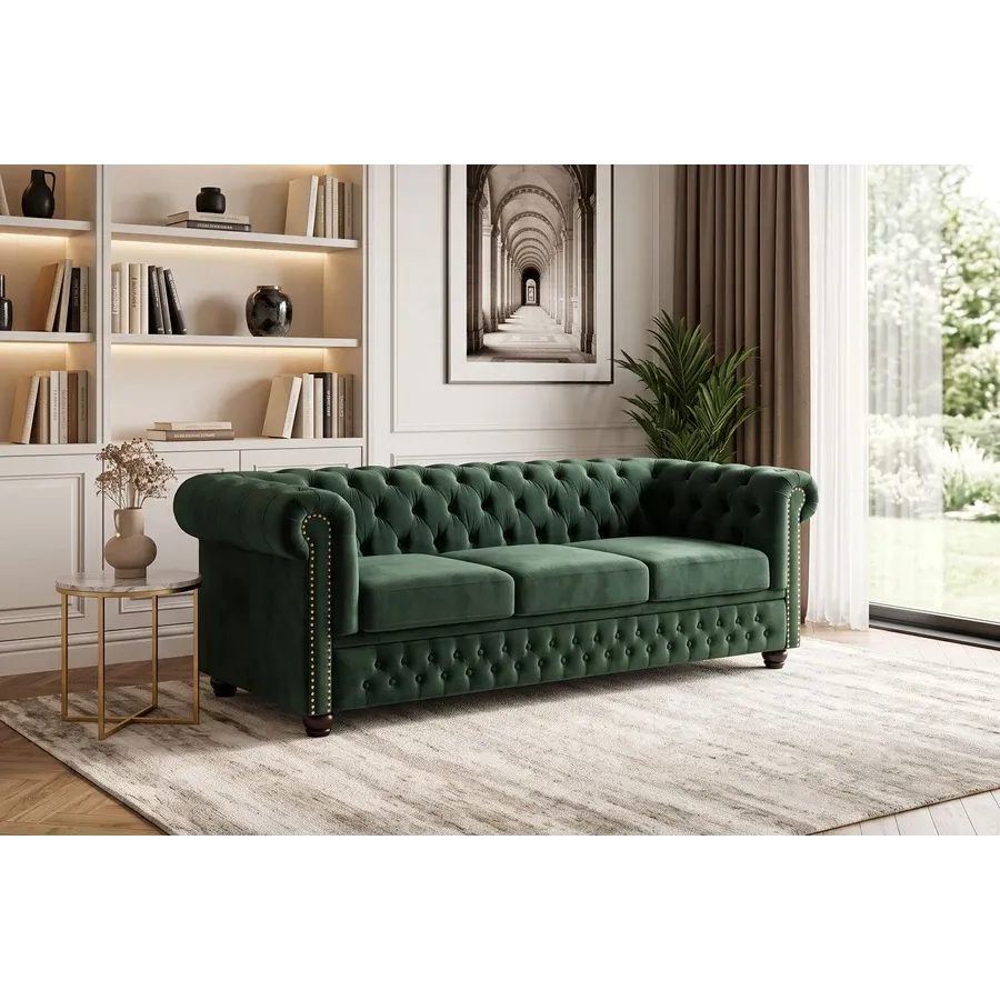 Invicta Sofa CHESTERFIELD 3 osobowa zielony aksamit 205 x 72 x 85cm / 40483