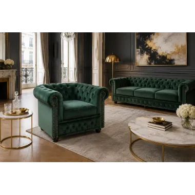 Invicta Sofa CHESTERFIELD 3 osobowa zielony aksamit 205 x 72 x 85cm / 40483