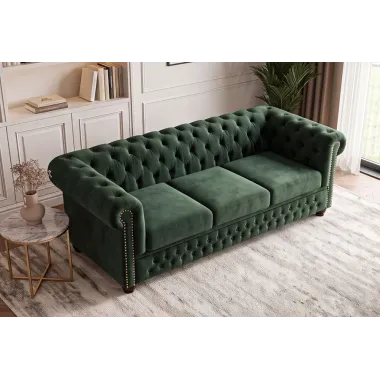 Invicta Sofa CHESTERFIELD 3 osobowa zielony aksamit 205 x 72 x 85cm / 40483