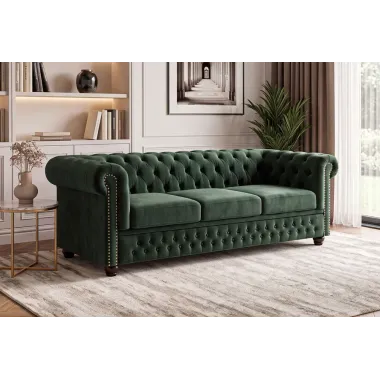 Invicta Sofa CHESTERFIELD 3 osobowa zielony aksamit 205 x 72 x 85cm / 40483