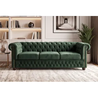 Invicta Sofa CHESTERFIELD 3 osobowa zielony aksamit 205 x 72 x 85cm / 40483