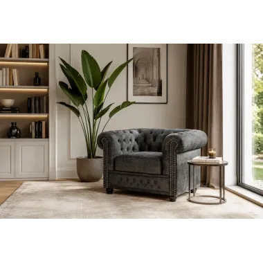 Invicta Fotel CHESTERFIELD szary aksamit 110 x 65 x 88cm / 44430