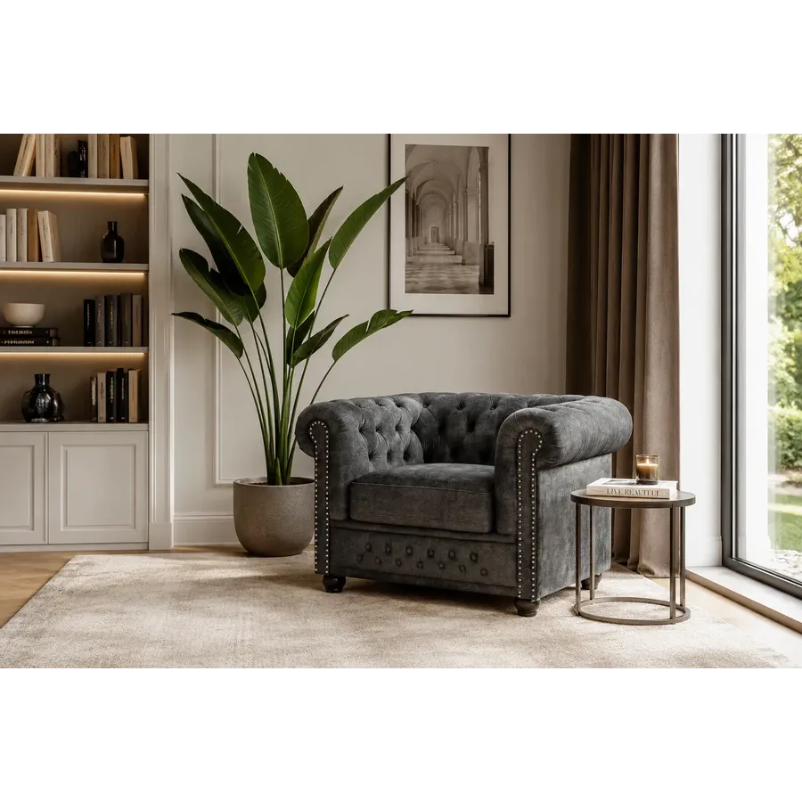 Invicta Fotel CHESTERFIELD szary aksamit 110 x 65 x 88cm / 44430