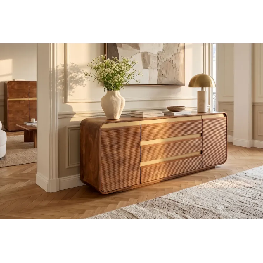 Invicta Komoda MONZA ryflowane fronty brązowe mango 180 x 70 x 38cm / 48834