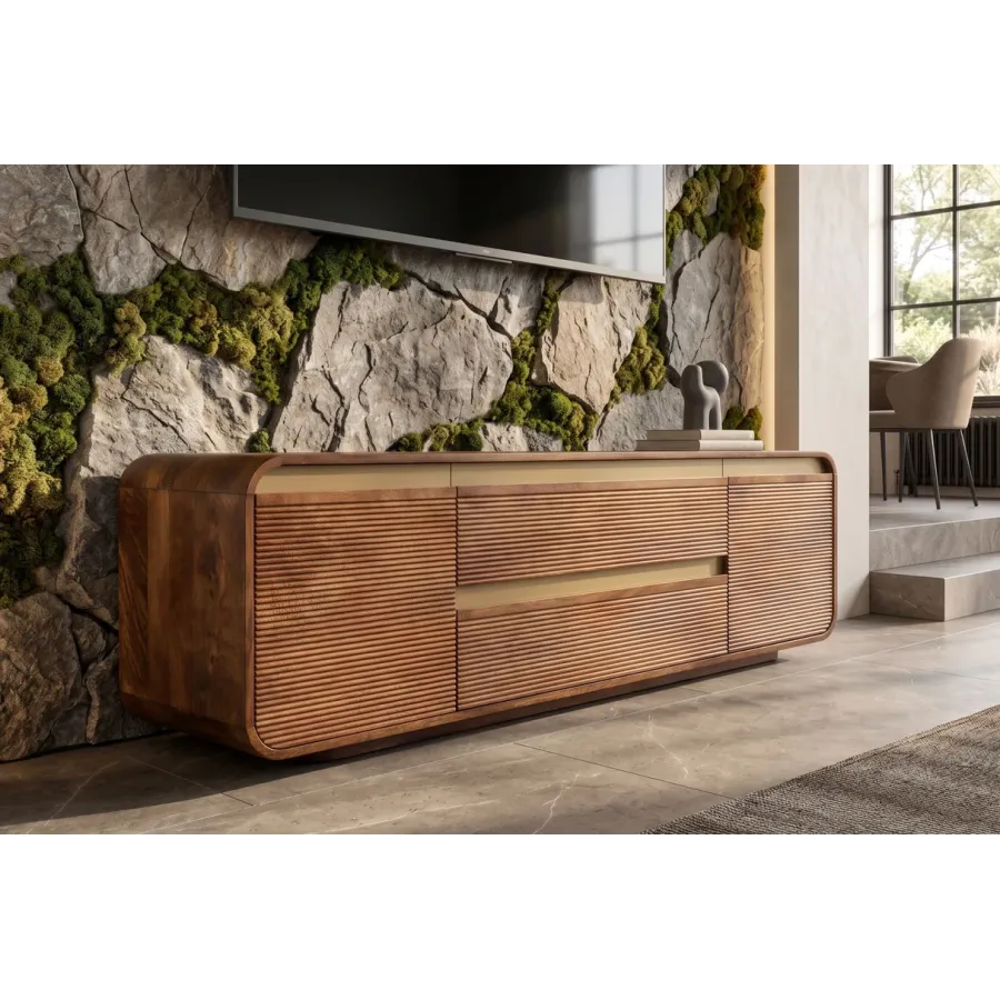 Invicta Szafka TV MONZA ryflowane fronty brązowe mango 160 x 53 x 38cm / 48835