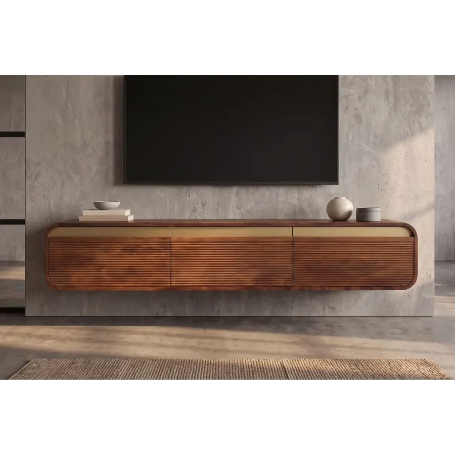 Invicta Szafka TV wisząca MONZA ryflowane fronty brązowe mango 160 x 29 x 33cm / 48837