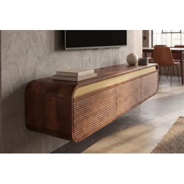 Invicta Szafka TV wisząca MONZA ryflowane fronty brązowe mango 160 x 29 x 33cm / 48837