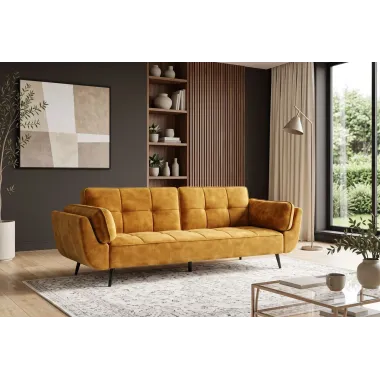 Invicta Sofa rozkładana BOUTIQUE musztardowo żółty aksamit 215 x 80 x 82cm / 48218