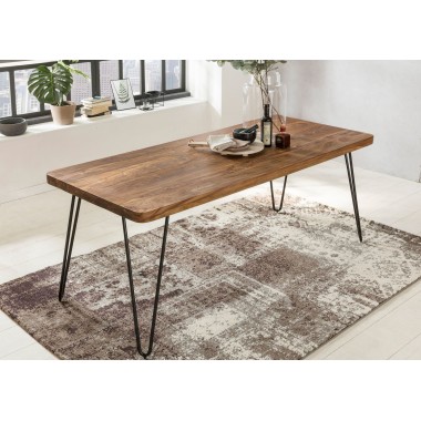 WOHNLING dining table solid wood Sheesham 120cm dining table wooden table Metal legs kitchen table Landhaus dark-brown